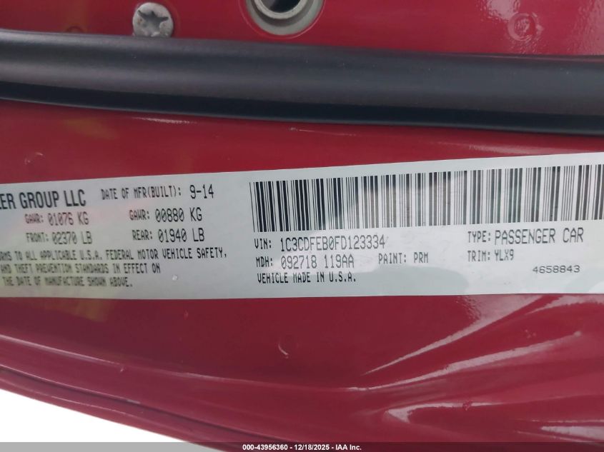 2015 Dodge Dart Gt VIN: 1C3CDFEB0FD123334 Lot: 43956360