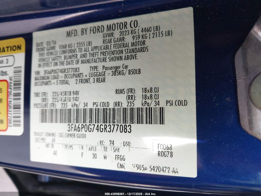 2016 Ford Fusion S VIN: 3FA6P0G74GR377083 Lot: 43956361