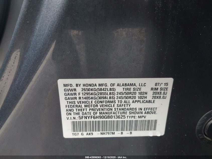 2016 Honda Pilot Touring VIN: 5FNYF6H90GB013625 Lot: 43956363