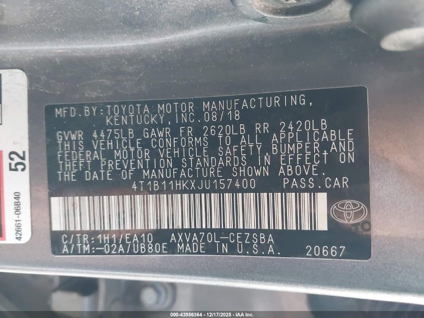 2018 Toyota Camry Se VIN: 4T1B11HKXJU157400 Lot: 43956364