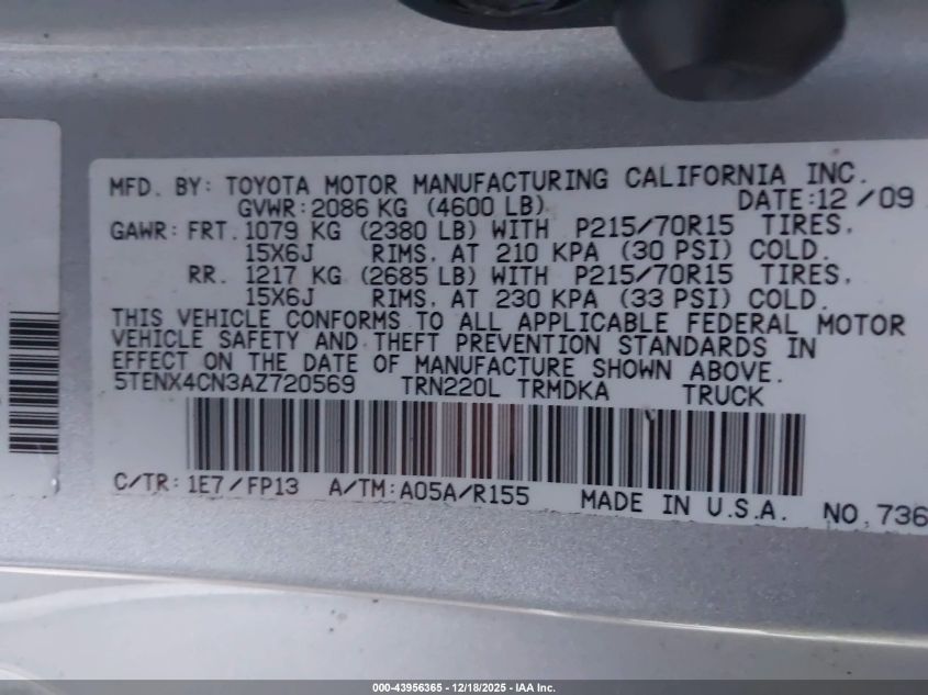 2010 Toyota Tacoma VIN: 5TENX4CN3AZ720569 Lot: 43956365