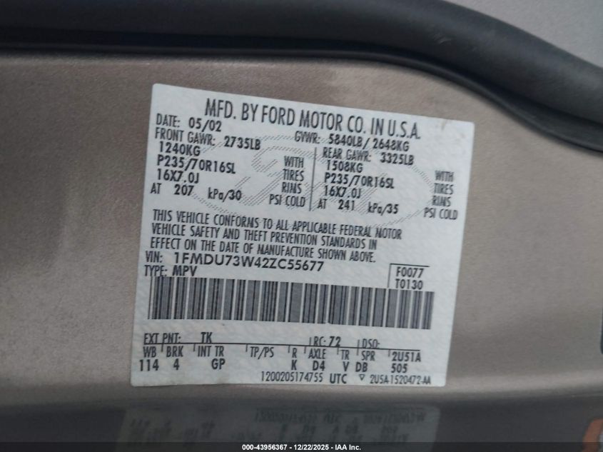 2002 Ford Explorer Xlt VIN: 1FMDU73W42ZC55677 Lot: 43956367