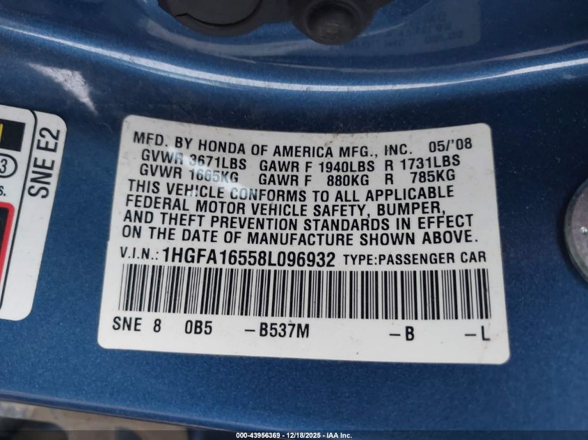 2008 Honda Civic Lx VIN: 1HGFA16558L096932 Lot: 43956369