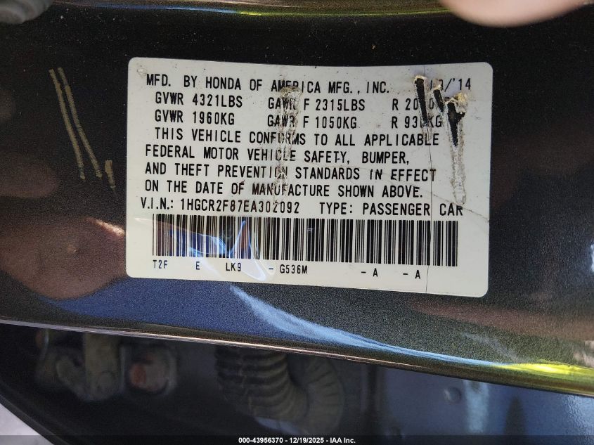 2014 Honda Accord Ex-L VIN: 1HGCR2F87EA302092 Lot: 43956370