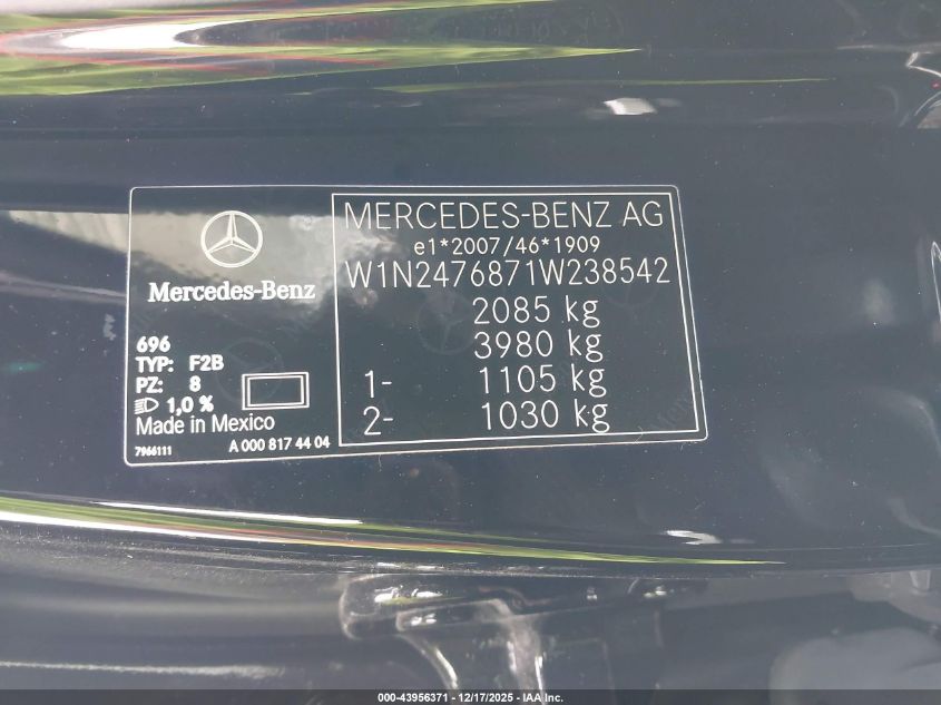 2022 Mbnz Glb 200 VIN: W1N2476871W238542 Lot: 43956371