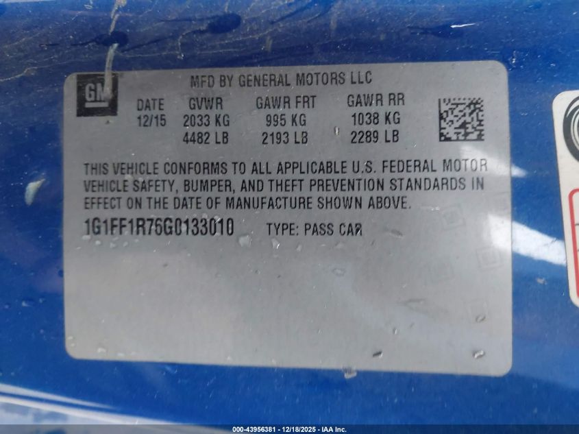 2016 Chevrolet Camaro 1Ss VIN: 1G1FF1R76G0133010 Lot: 43956381