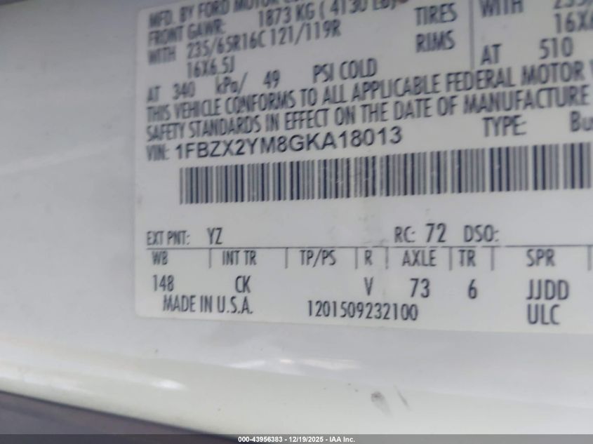 2016 Ford Transit-350 Xlt VIN: 1FBZX2YM8GKA18013 Lot: 43956383