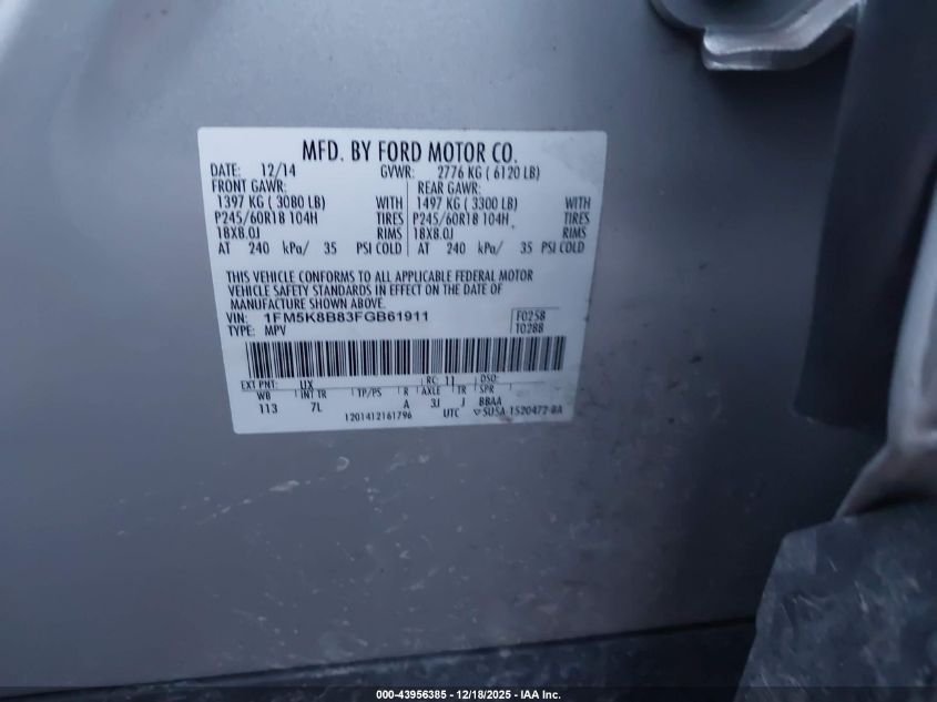 2015 Ford Explorer VIN: 1FM5K8B83FGB61911 Lot: 43956385