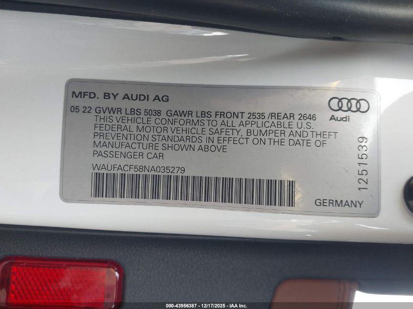 2022 Audi A5 Sportback Premium Plus 45 Tfsi S Line Quattro S Tronic VIN: WAUFACF58NA035279 Lot: 43956387