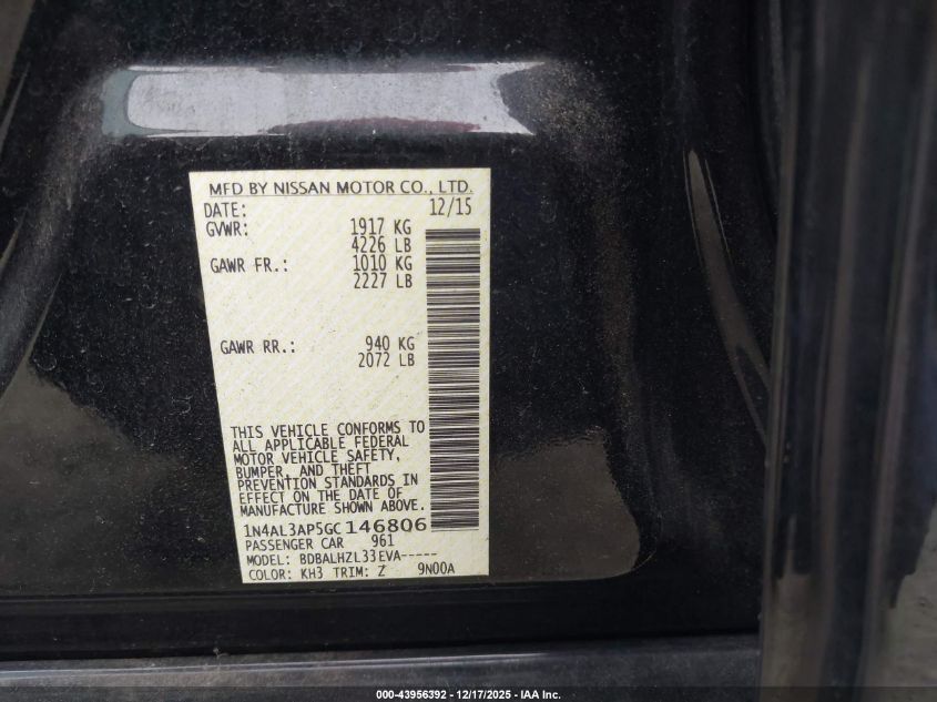 2016 Nissan Altima 2.5 Sr VIN: 1N4AL3AP5GC146806 Lot: 43956392