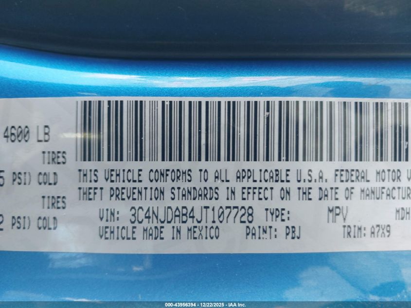 2018 Jeep Compass Sport 4X4 VIN: 3C4NJDAB4JT107728 Lot: 43956394