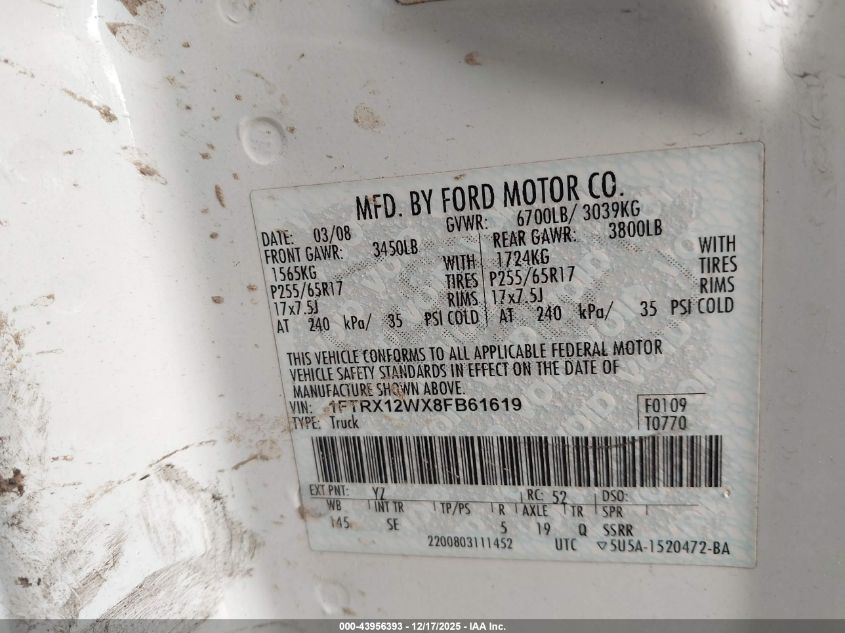 2008 Ford F-150 Fx2/Stx/Xl/Xlt VIN: 1FTRX12WX8FB61619 Lot: 43956393