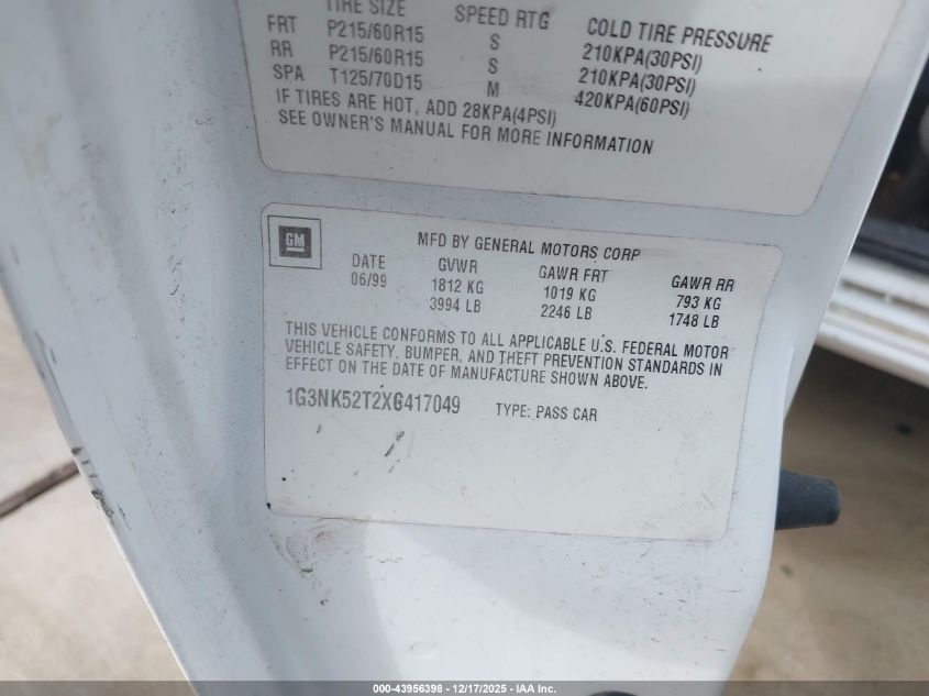 1999 Oldsmobile Alero Gx VIN: 1G3NK52T2XC417049 Lot: 43956398