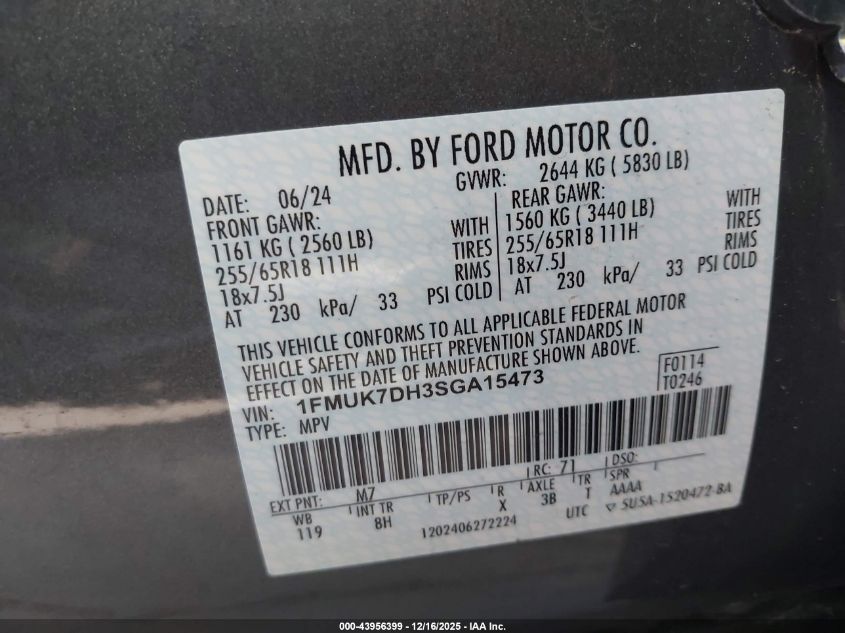 2025 Ford Explorer Active VIN: 1FMUK7DH3SGA15473 Lot: 43956399