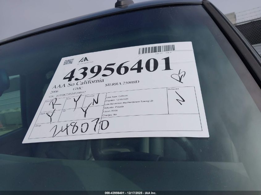 2006 GMC Sierra 2500Hd Slt VIN: 1GTHK23D26F208412 Lot: 43956401
