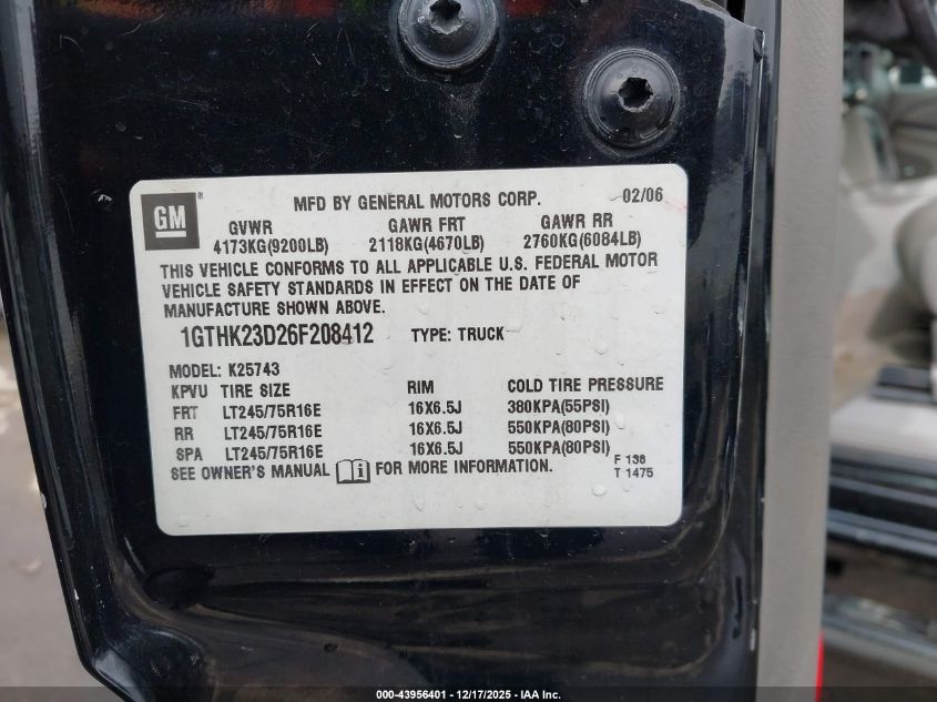 2006 GMC Sierra 2500Hd Slt VIN: 1GTHK23D26F208412 Lot: 43956401