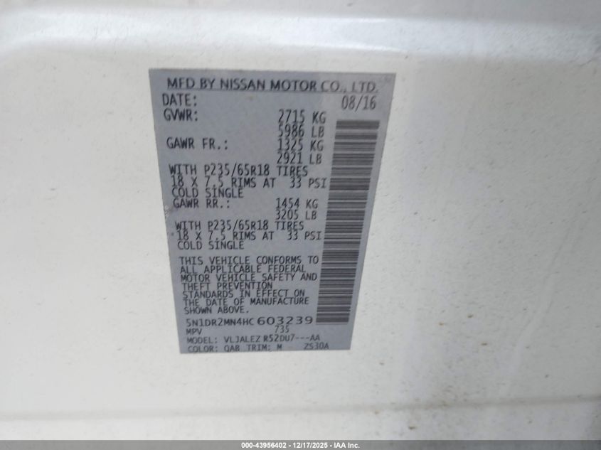 2017 Nissan Pathfinder Sv VIN: 5N1DR2MN4HC603239 Lot: 43956402