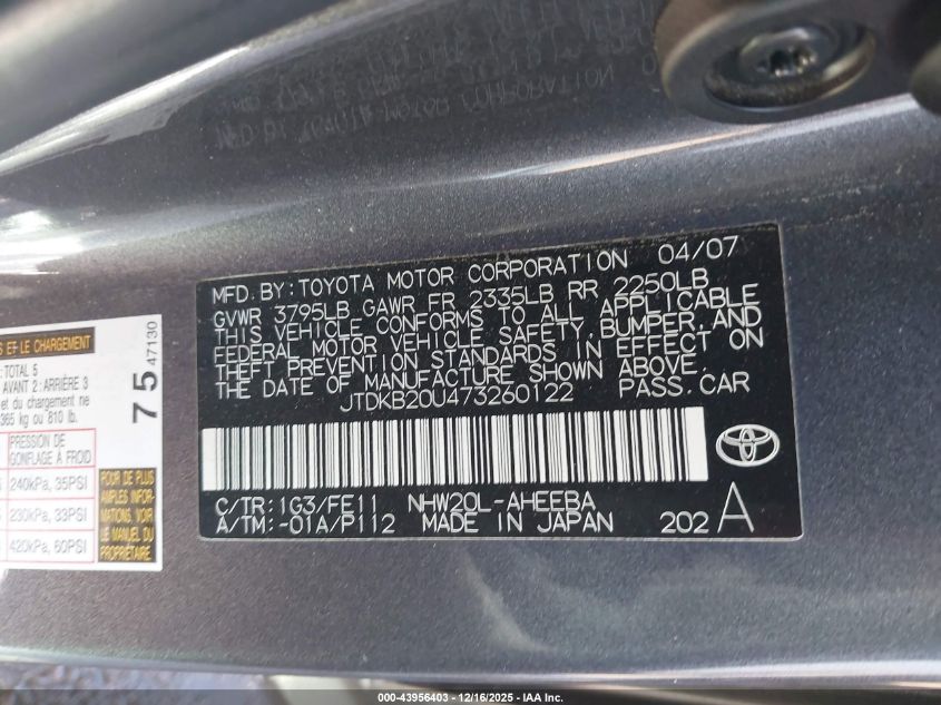 2007 Toyota Prius VIN: JTDKB20U473260122 Lot: 43956403