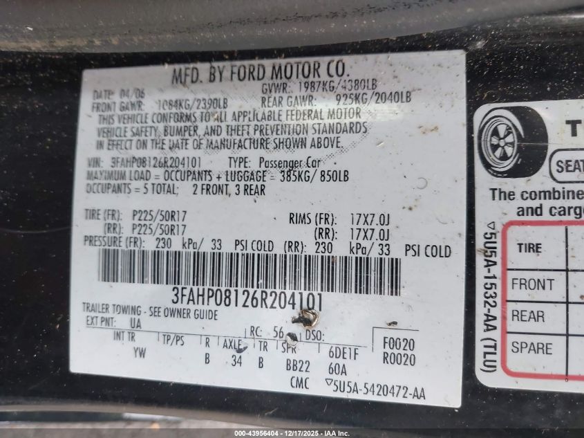 2006 Ford Fusion Sel VIN: 3FAHP08126R204101 Lot: 43956404