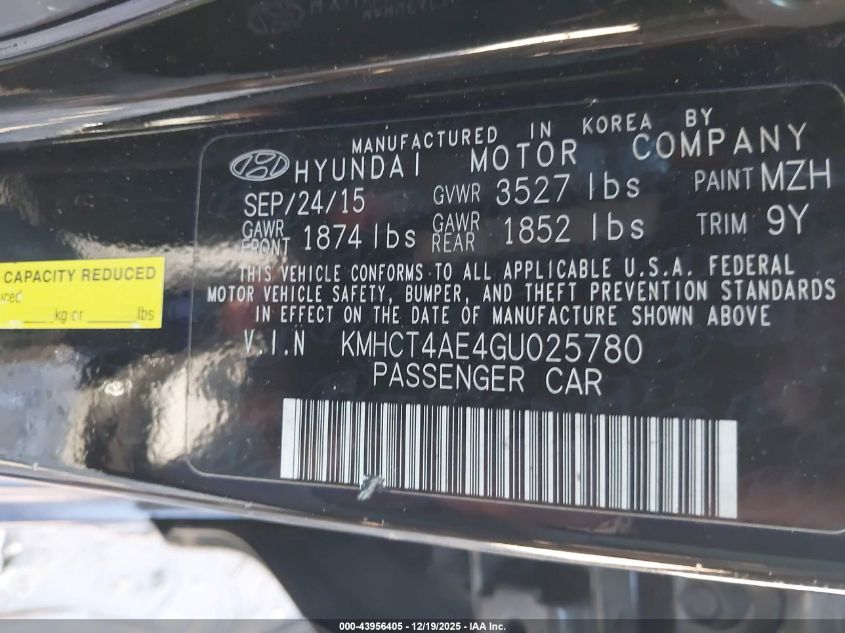 2016 Hyundai Accent Se VIN: KMHCT4AE4GU025780 Lot: 43956405