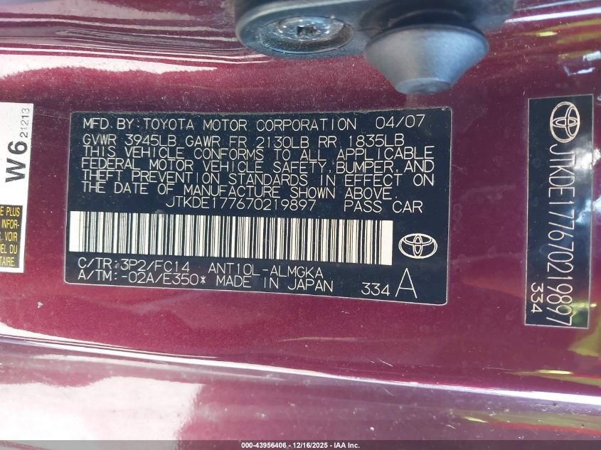 2007 Scion Tc VIN: JTKDE177670219897 Lot: 43956406