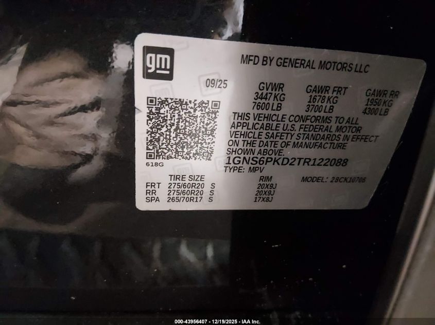 2026 Chevrolet Tahoe 4Wd Z71 VIN: 1GNS6PKD2TR122088 Lot: 43956407