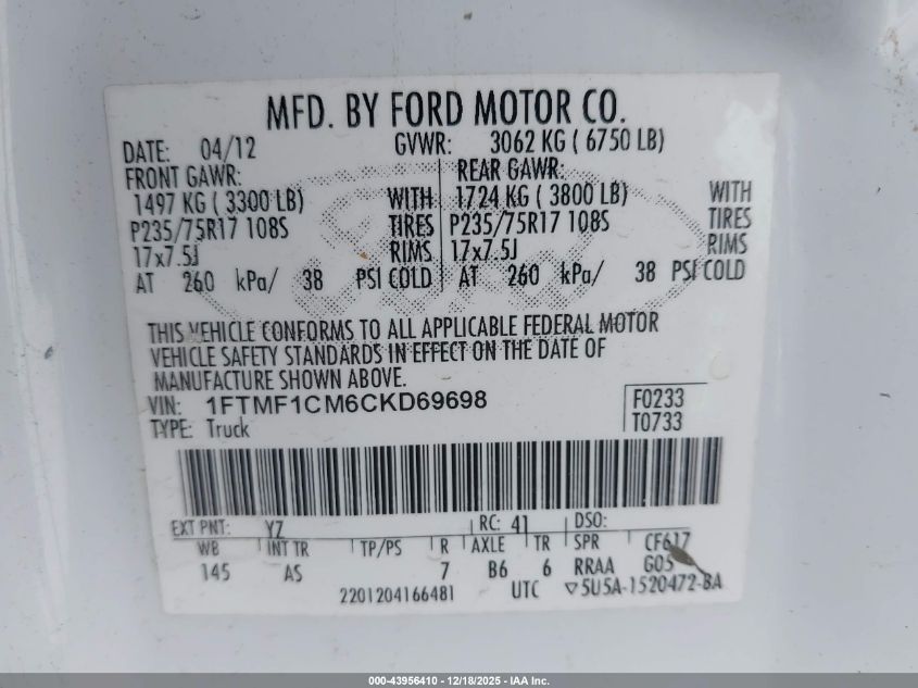 2012 Ford F-150 Xl VIN: 1FTMF1CM6CKD69698 Lot: 43956410