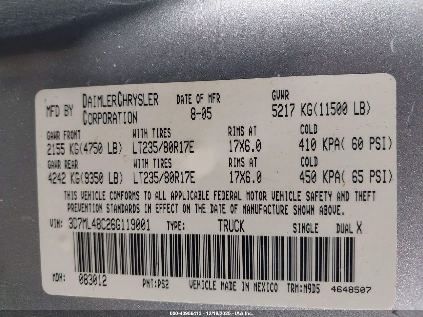 2006 Dodge Ram 3500 Slt/Sport VIN: 3D7ML48C26G119001 Lot: 43956413