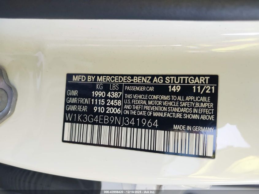 2022 Mercedes-Benz A 220 VIN: W1K3G4EB9NJ341964 Lot: 43956420