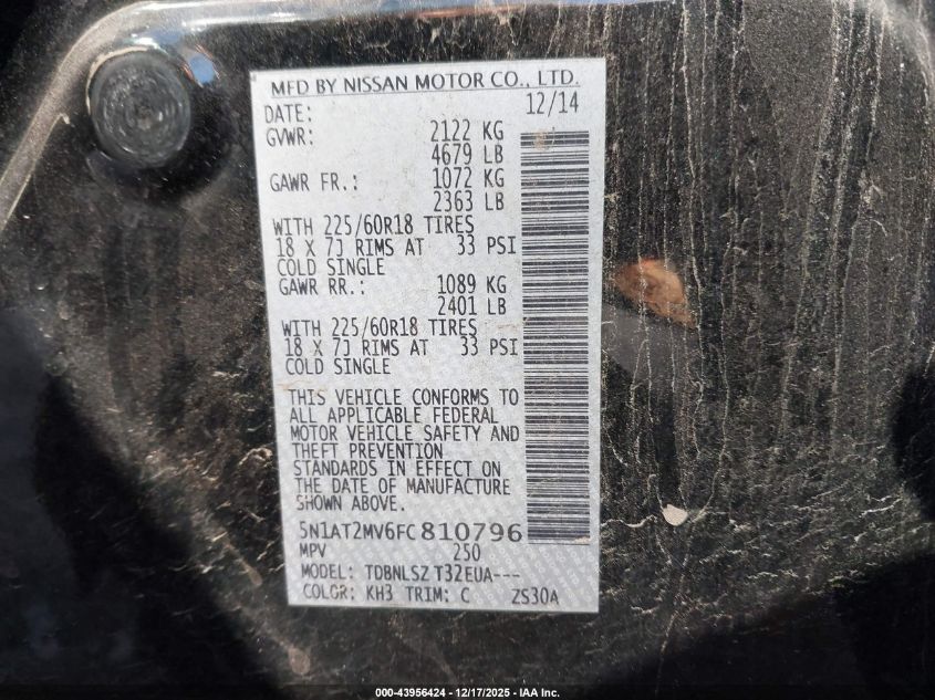 2015 Nissan Rogue Sl VIN: 5N1AT2MV6FC810796 Lot: 43956424