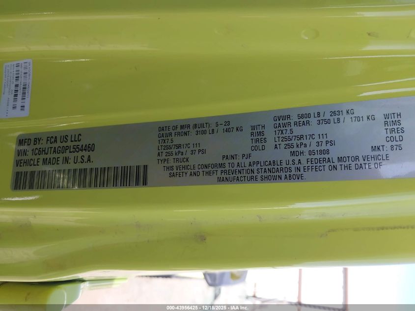 2023 Jeep Gladiator Willys 4X4 VIN: 1C6HJTAG0PL554460 Lot: 43956425