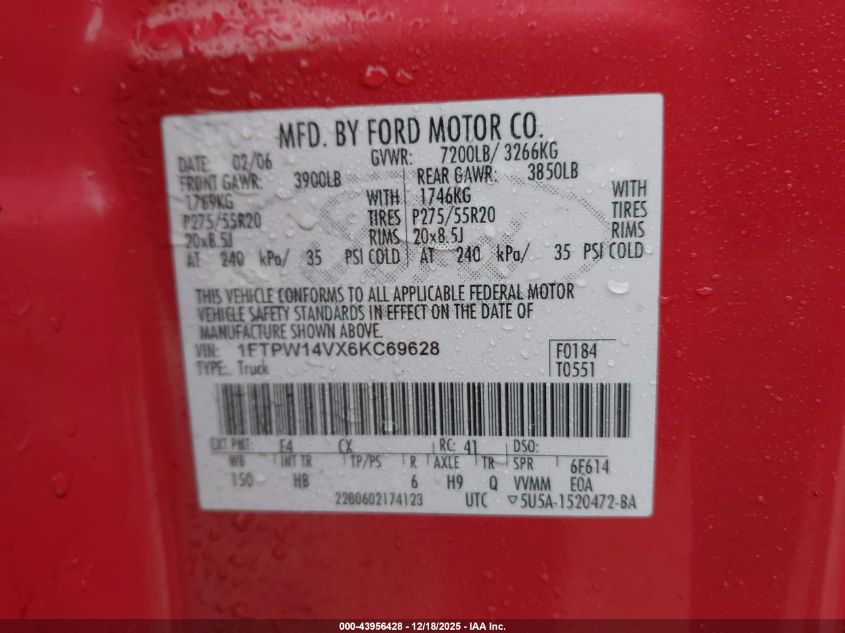 2006 Ford F150 Supercrew VIN: 1FTPW14VX6KC69628 Lot: 43956428