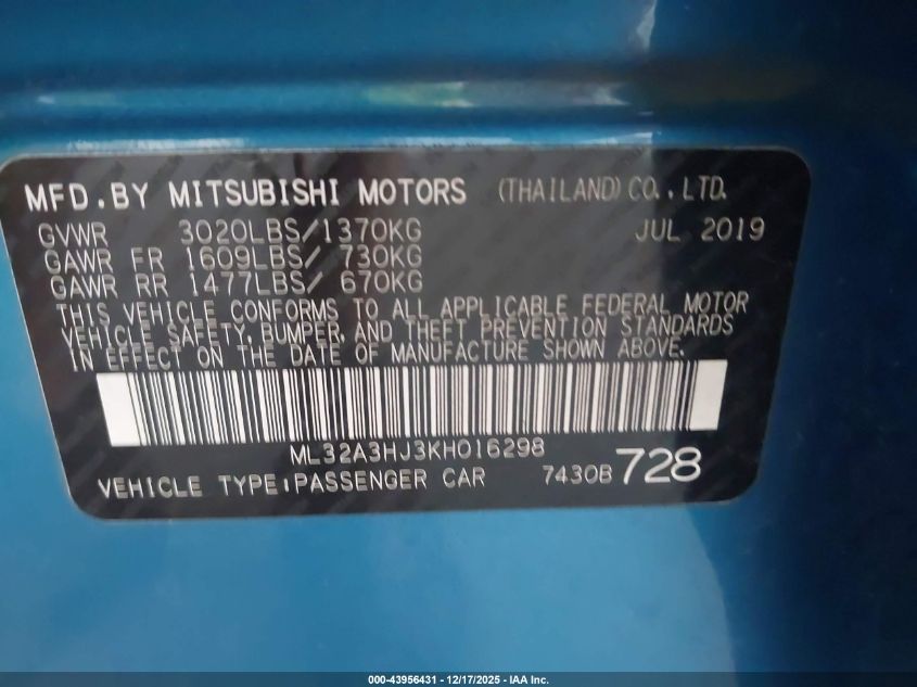 2019 Mitsubishi Mirage Es VIN: ML32A3HJ3KH016298 Lot: 43956431