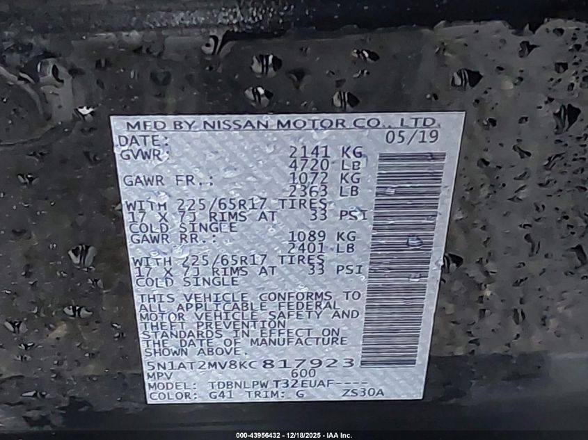 2019 Nissan Rogue S VIN: 5N1AT2MV8KC817923 Lot: 43956432