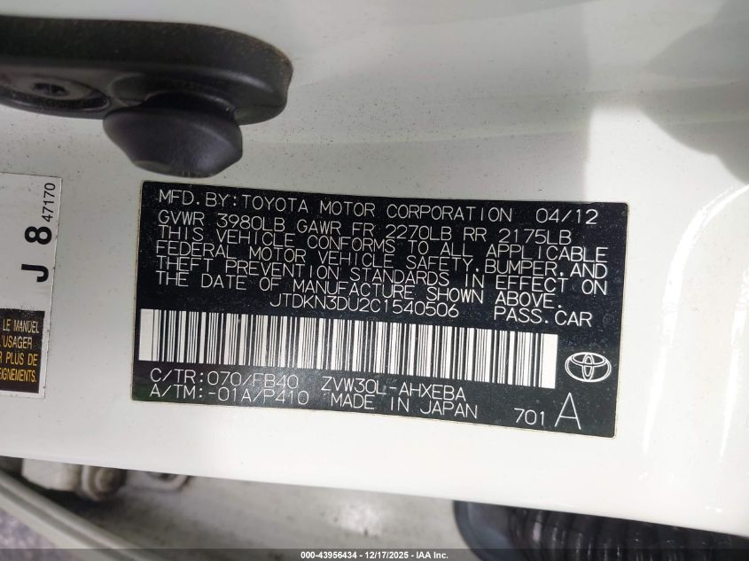 2012 Toyota Prius Two VIN: JTDKN3DU2C1540506 Lot: 43956434