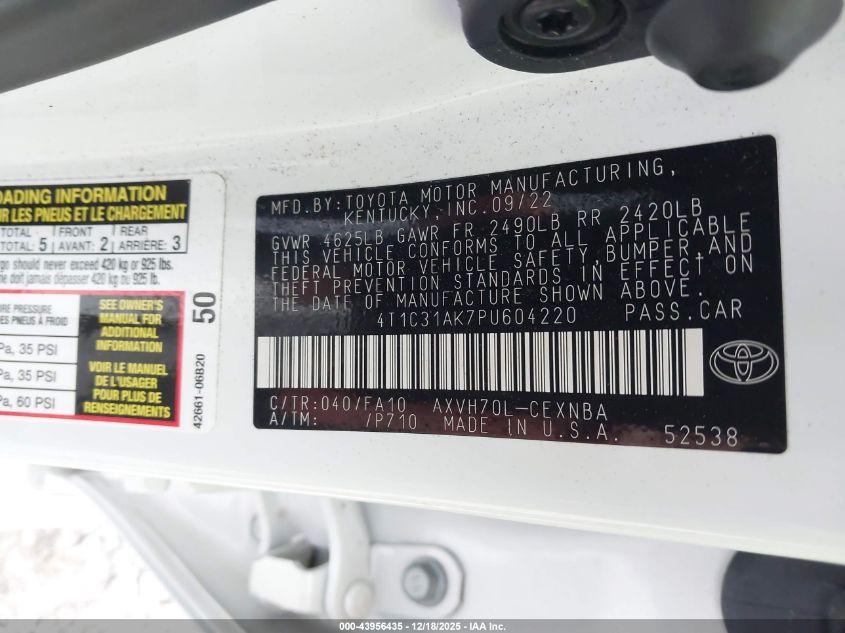 2023 Toyota Camry Le Hybrid VIN: 4T1C31AK7PU604220 Lot: 43956435