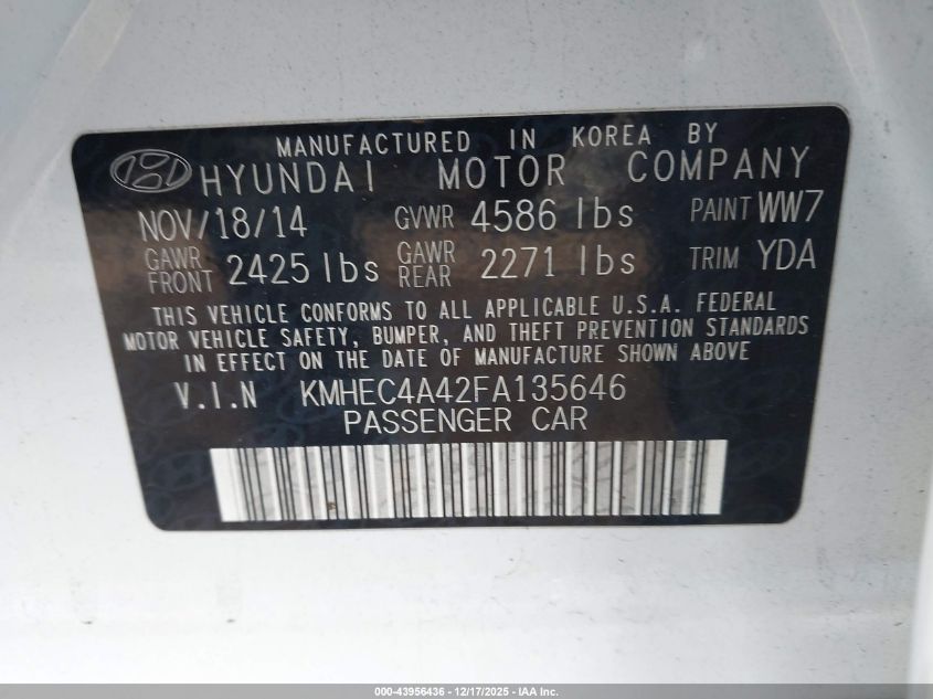 2015 Hyundai Sonata Hybrid VIN: KMHEC4A42FA135646 Lot: 43956436