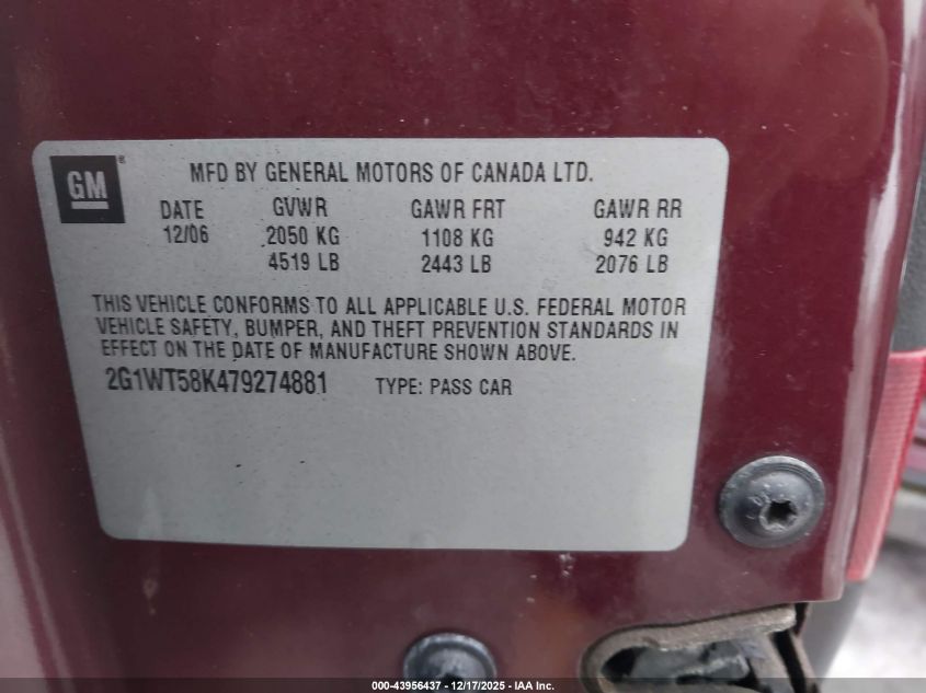 2007 Chevrolet Impala Lt VIN: 2G1WT58K479274881 Lot: 43956437