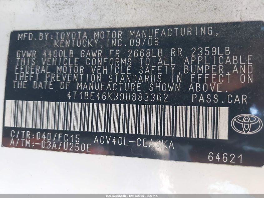 2009 Toyota Camry Se VIN: 4T1BE46K39U883362 Lot: 43956438