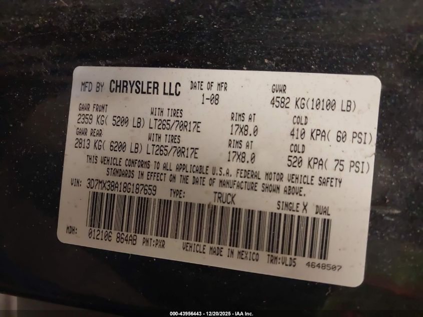 2008 Dodge Ram 3500 Laramie VIN: 3D7MX38A18G187659 Lot: 43956443