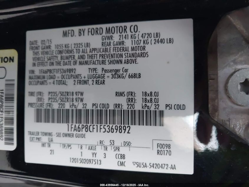 2015 Ford Mustang Gt VIN: 1FA6P8CF1F5369892 Lot: 43956445