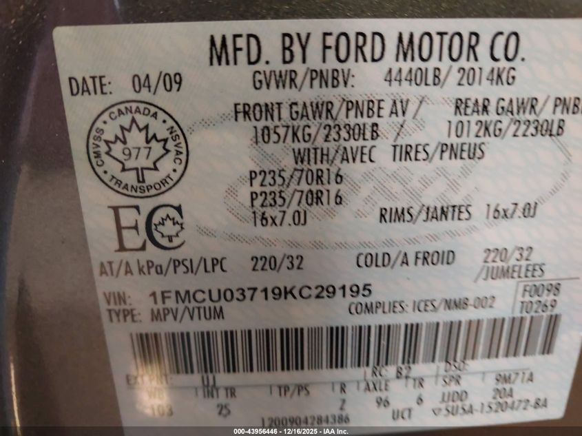 2009 Ford Escape Xlt VIN: 1FMCU03719KC29195 Lot: 43956446