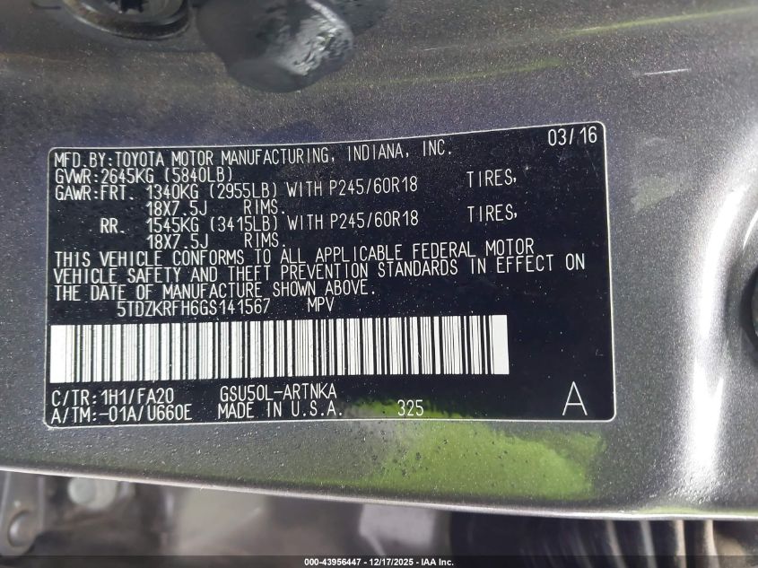 2016 Toyota Highlander Le Plus V6 VIN: 5TDZKRFH6GS141567 Lot: 43956447