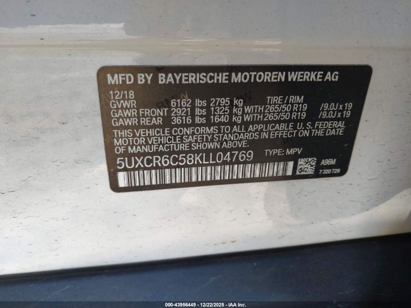 2019 BMW X5 xDrive40I VIN: 5UXCR6C58KLL04769 Lot: 43956449