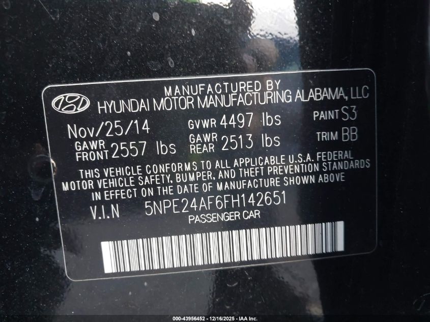 2015 Hyundai Sonata Se VIN: 5NPE24AF6FH142651 Lot: 43956452