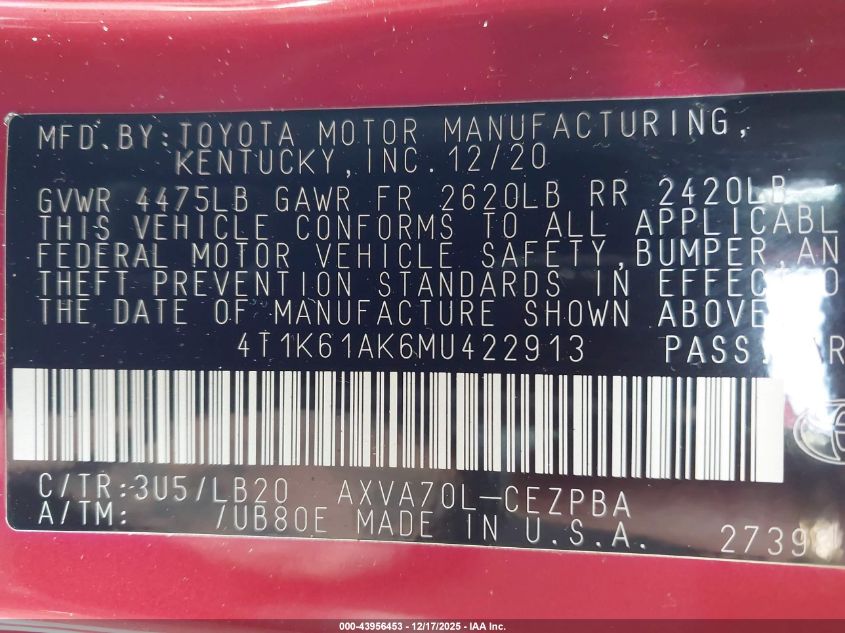 2021 Toyota Camry Xse VIN: 4T1K61AK6MU422913 Lot: 43956453