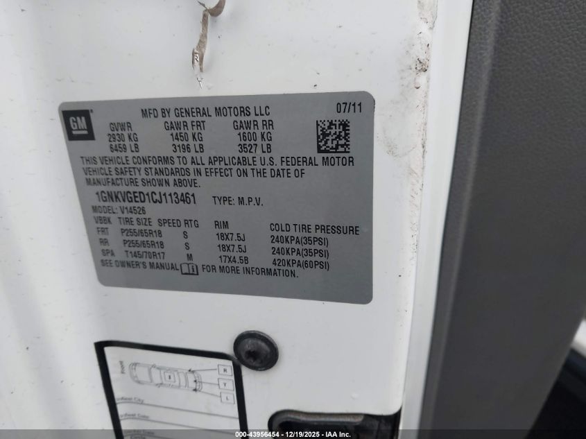 2012 Chevrolet Traverse 1Lt VIN: 1GNKVGED1CJ113461 Lot: 43956454