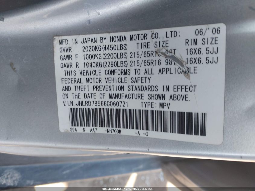 2006 Honda Cr-V Lx VIN: JHLRD78566C060721 Lot: 43956455
