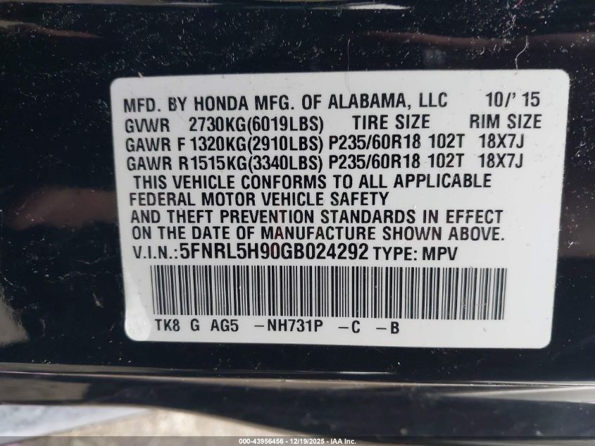 2016 Honda Odyssey Touring/Touring Elite VIN: 5FNRL5H90GB024292 Lot: 43956456