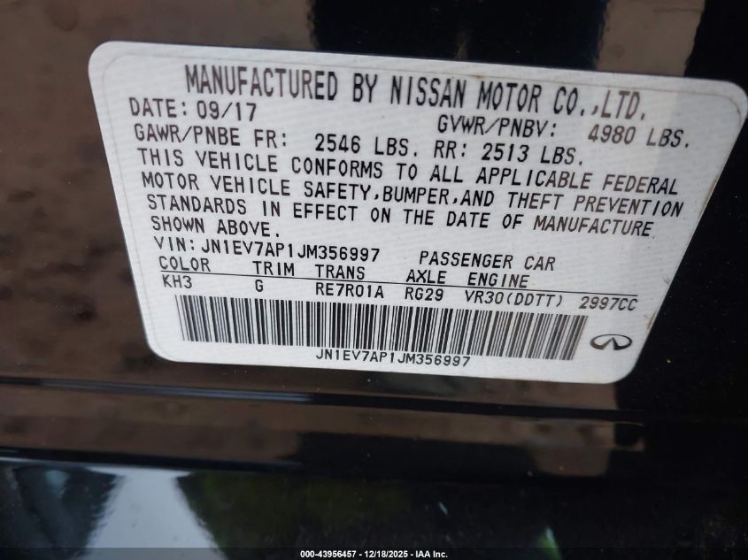 2018 Infiniti Q50 3.0T Sport VIN: JN1EV7AP1JM356997 Lot: 43956457